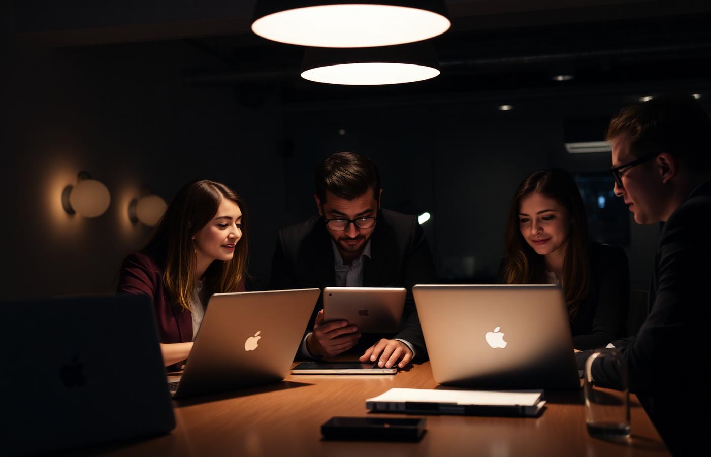 Equipo colaborando con dispositivos Apple